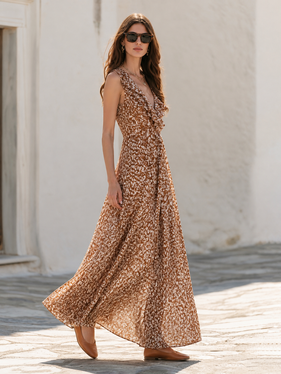 Fuzzy Mohair Open Front Oversized Long Cardigan And Brown Ditsy Floral Print Ruffle V-Neck Flowy Tiered Maxi Dress Two Piece Boho Vacation Outfit Set