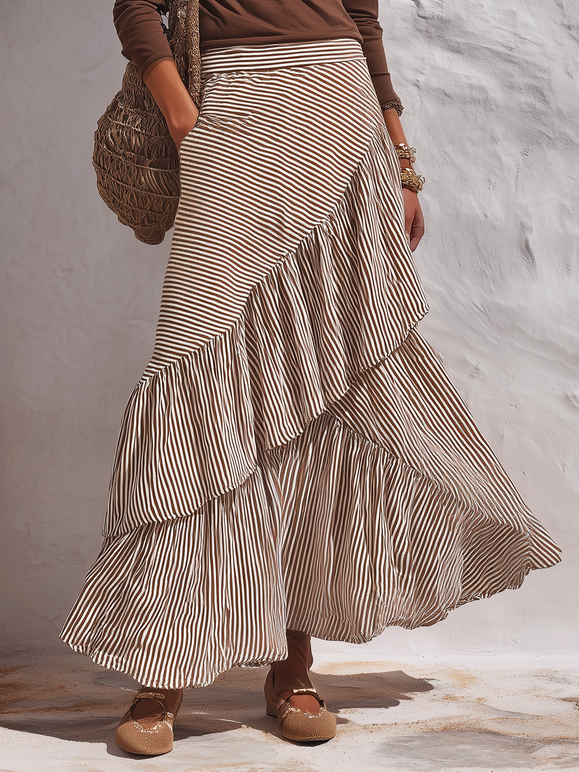 Vacation Long-sleeved T-shirt And Striped Skirt Set