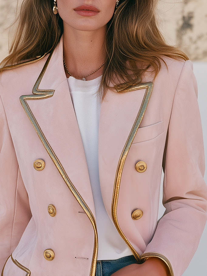 Elegant Vacation Contrasting Trim Double-breasted Faux Suede Blazer