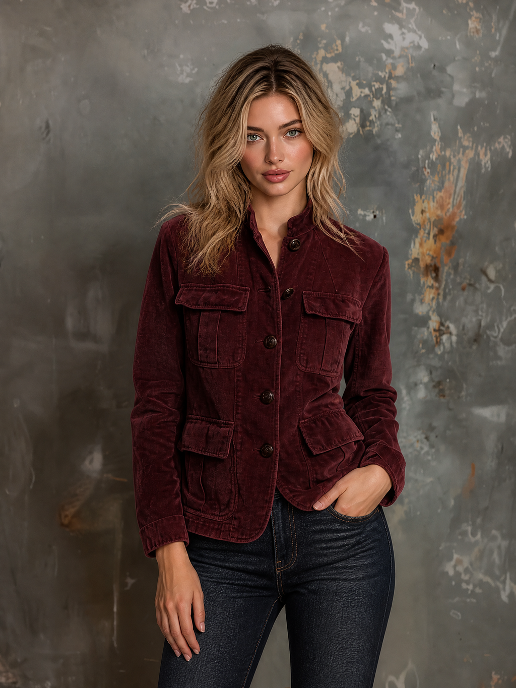 Chic Casual Deep Burgundy Stand Collar Single-Breasted Patch Pocket Long-Sleeve Loose-Fit Cotton Blend Cargo Jacket