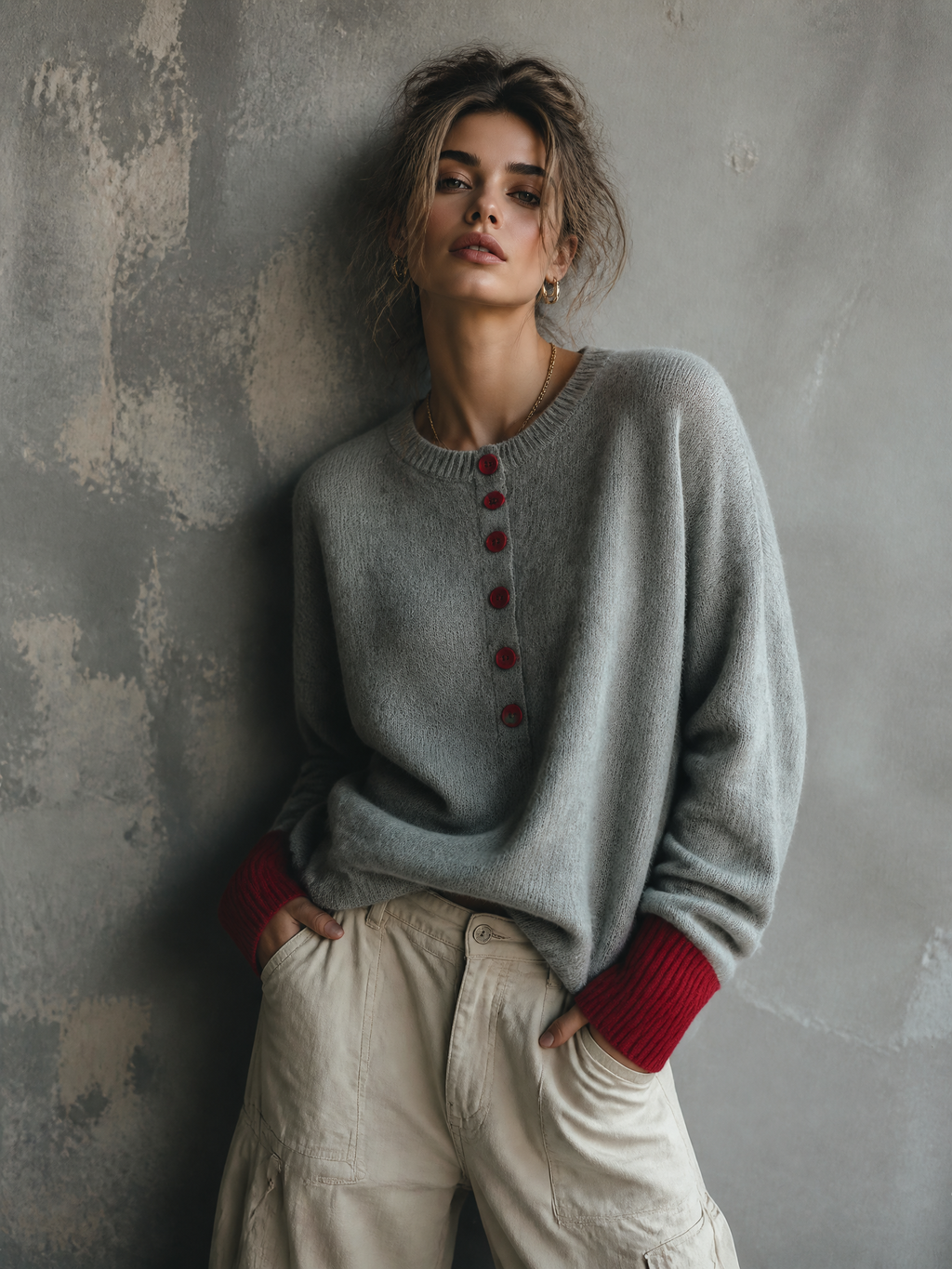 Chic Casual Heather Grey Round-Neck Contrast Button Long Sleeve Loose-Fit Wool Blend Knit Sweater