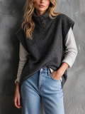 Chic Casual Dark Grey Turtleneck Button Detail Sleeveless Loose-Fit Wool‑Blend Knit Vest Top