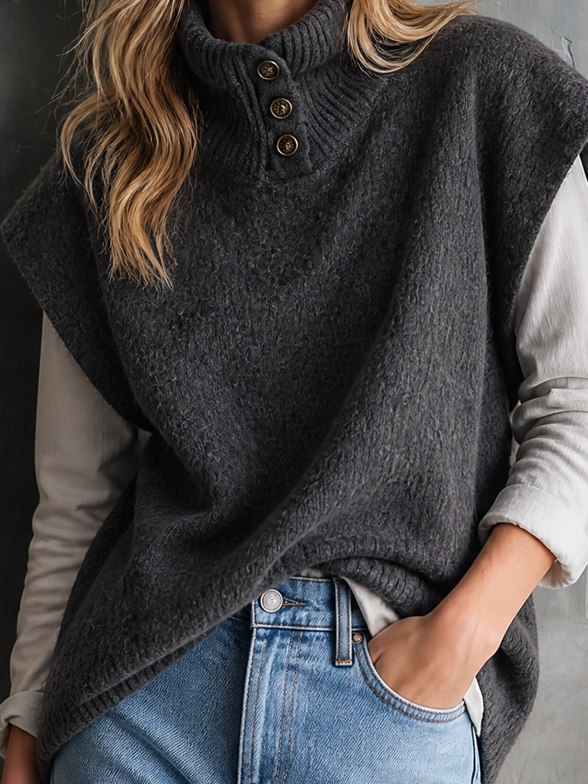 Chic Casual Dark Grey Turtleneck Button Detail Sleeveless Loose-Fit Wool‑Blend Knit Vest Top