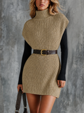 Chic Elegant Light Taupe Turtleneck Sleeveless Waist Belt Loose-Fit Chunky Knit Mini Dress