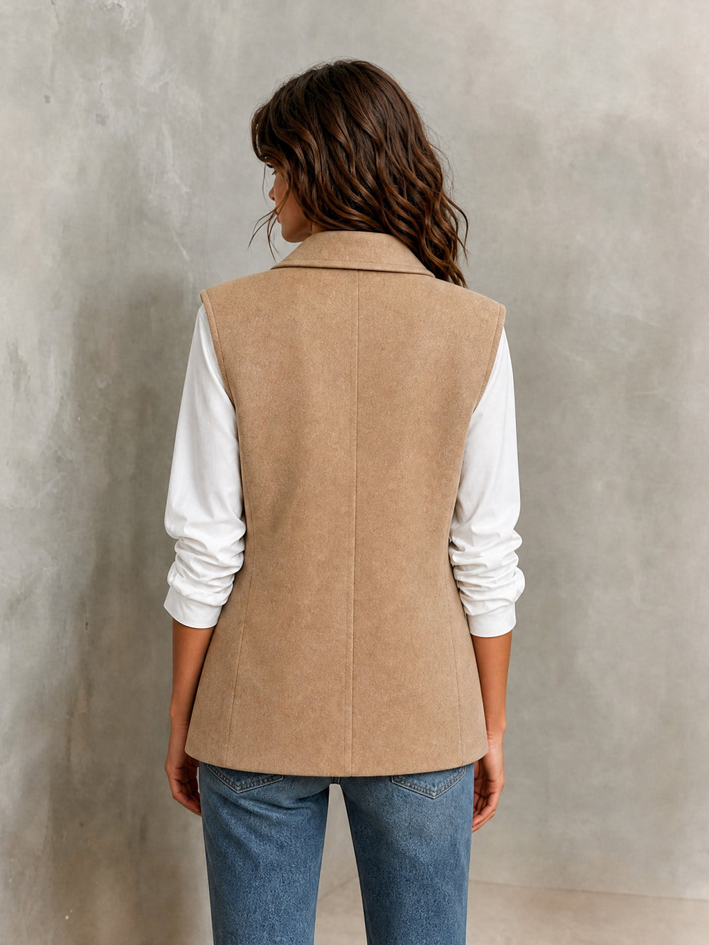 Chic Elegant Camel Wool Blend Notched Lapel Sleeveless PU Belted Slim-Fit Vest