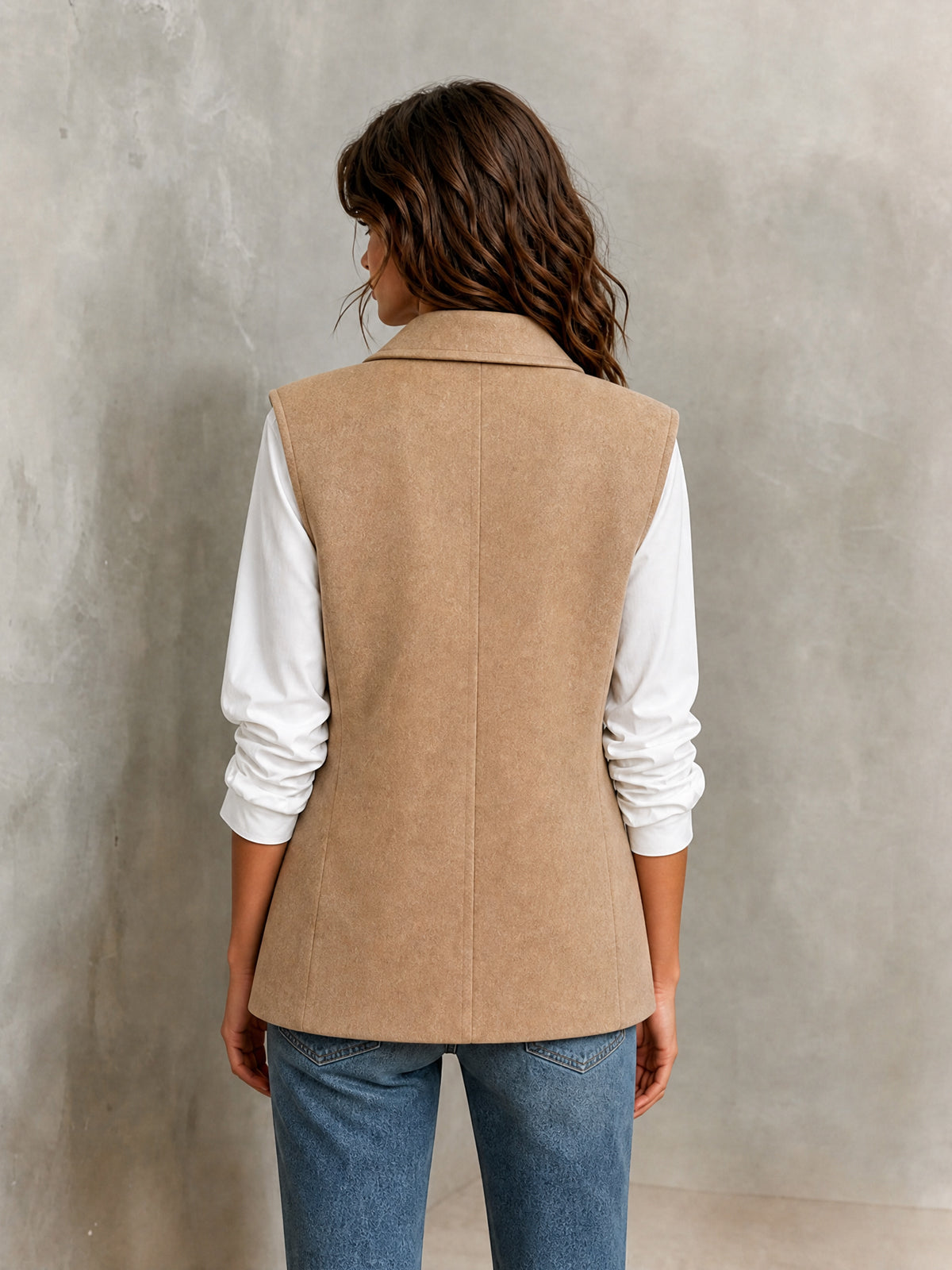 Chic Elegant Camel Wool Blend Notched Lapel Sleeveless PU Belted Slim-Fit Vest