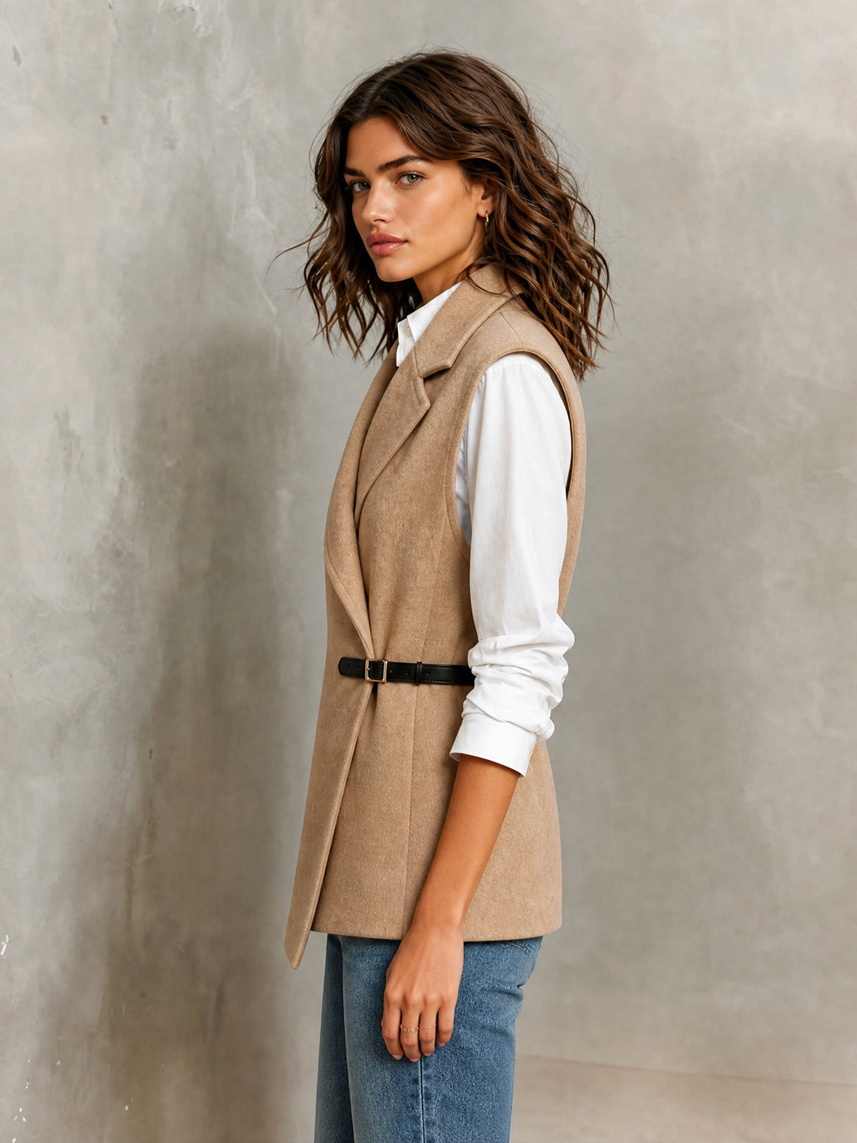 Chic Elegant Camel Wool Blend Notched Lapel Sleeveless PU Belted Slim-Fit Vest