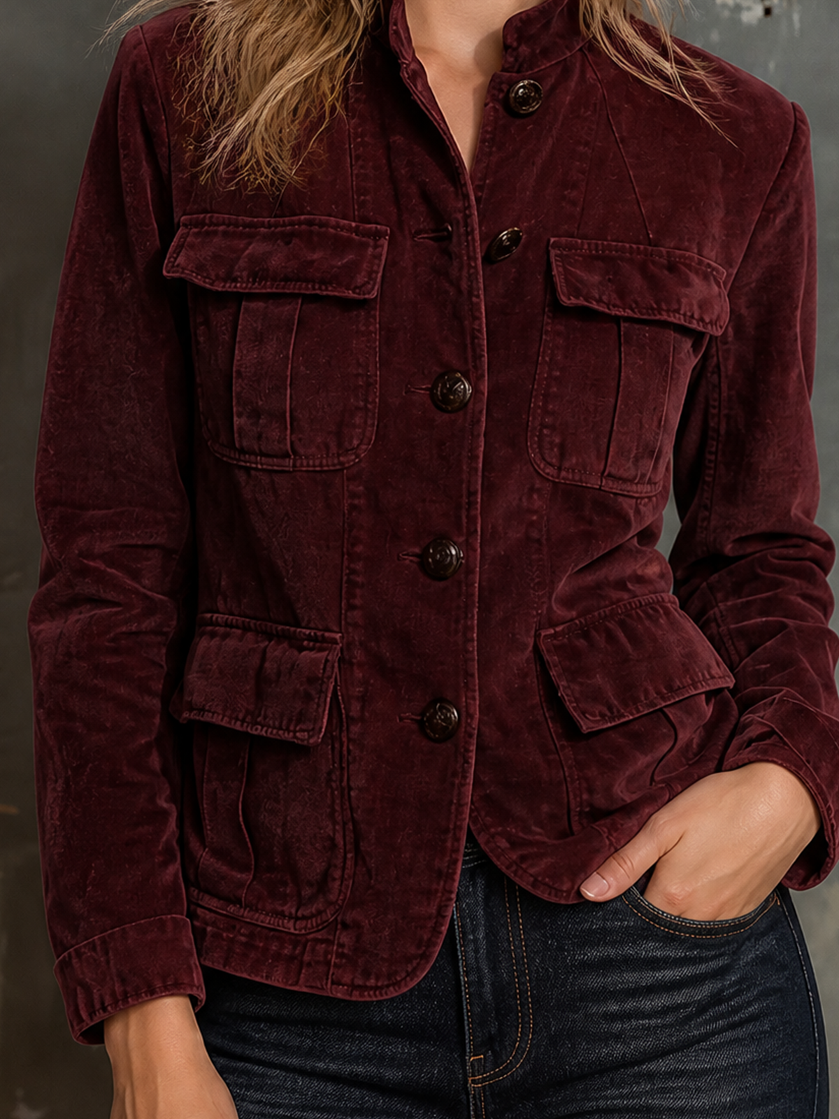 Chic Casual Deep Burgundy Stand Collar Single-Breasted Patch Pocket Long-Sleeve Loose-Fit Cotton Blend Cargo Jacket