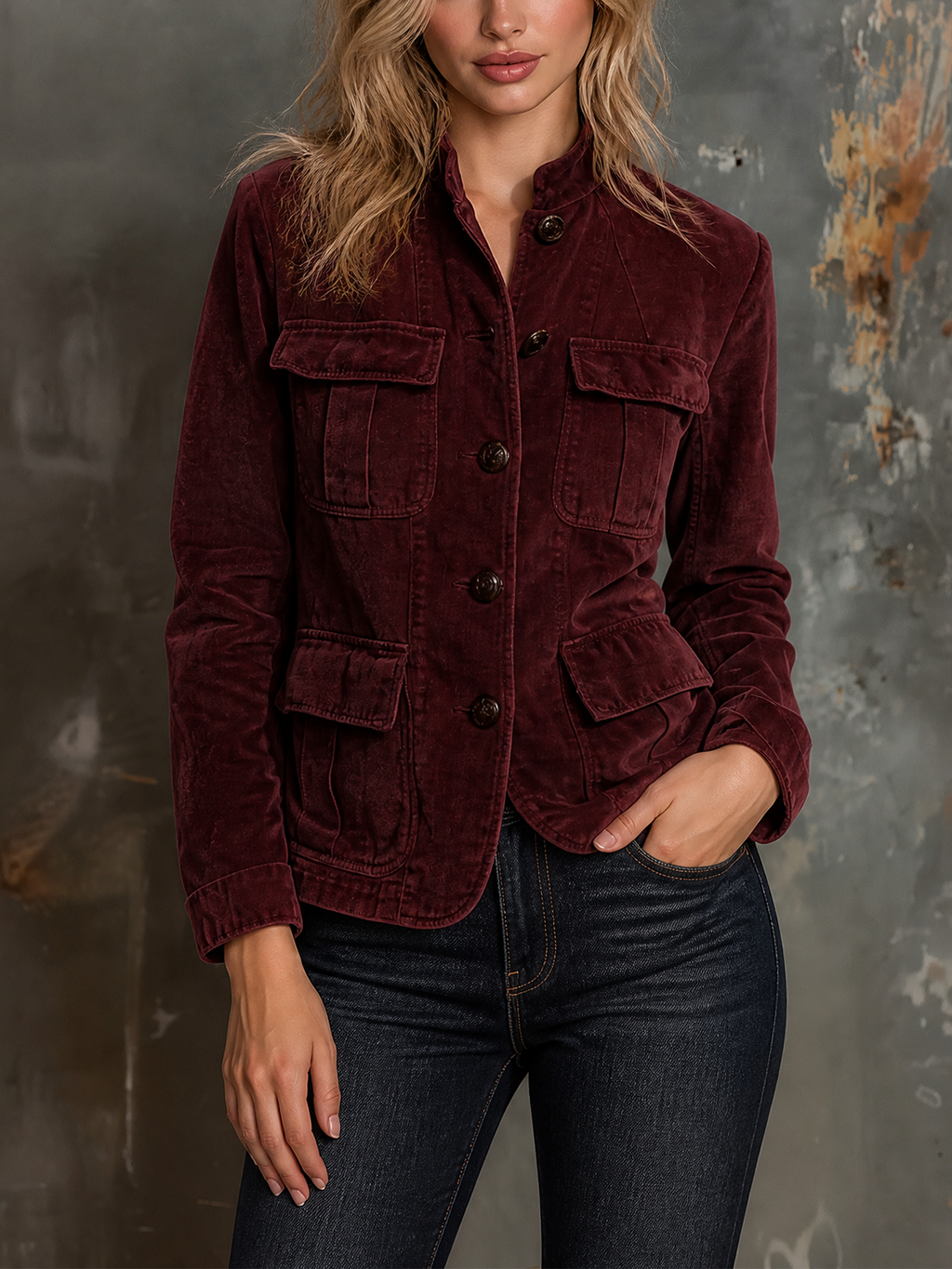Chic Casual Deep Burgundy Stand Collar Single-Breasted Patch Pocket Long-Sleeve Loose-Fit Cotton Blend Cargo Jacket