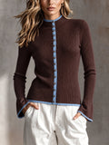 Chic Casual Coffee Round-Neck Single-Breasted Long-Sleeve Blue Trim Detail Slim-Fit Wool Blend Ribbed Knit Cardigan