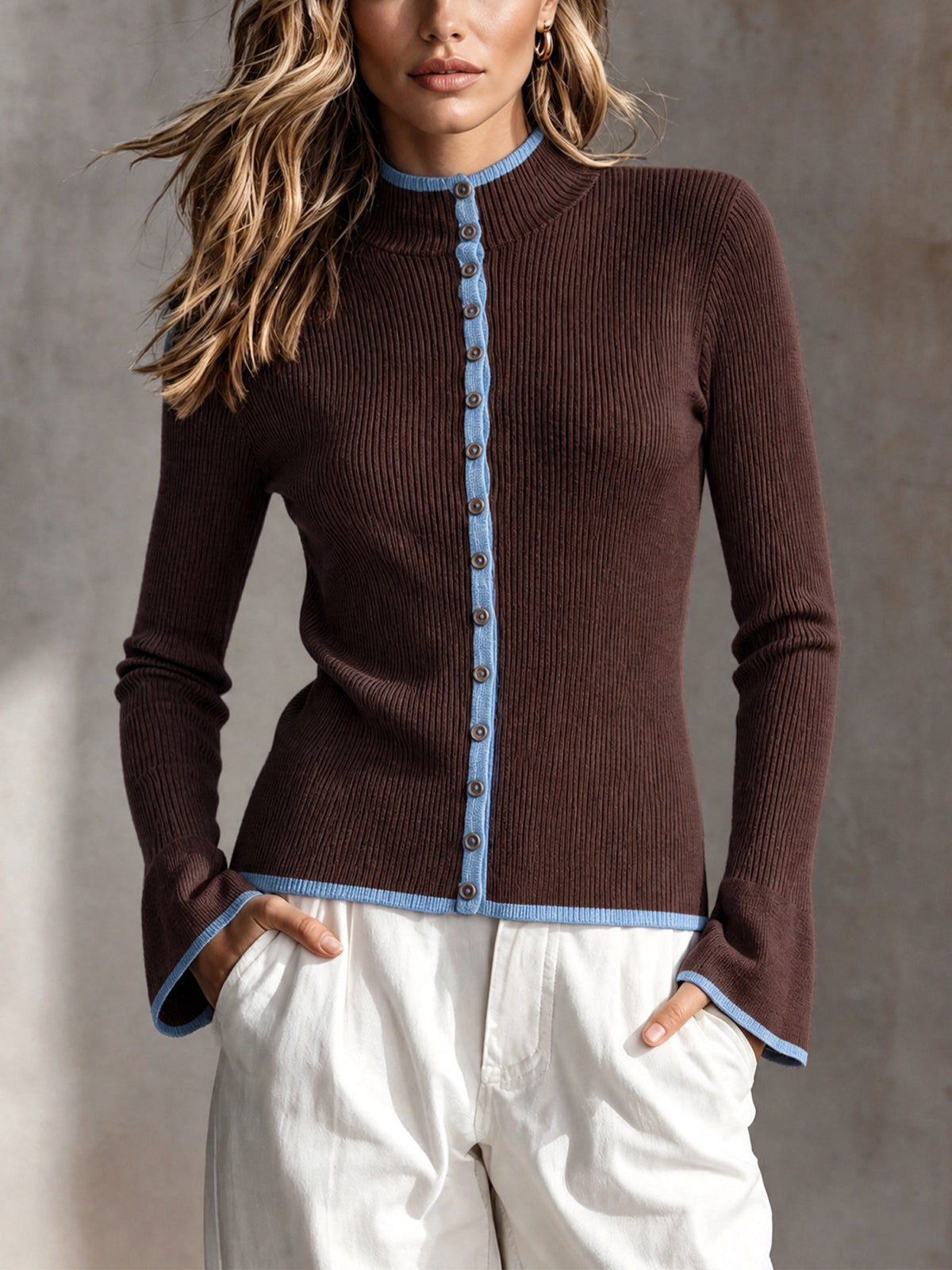 Chic Casual Coffee Round-Neck Single-Breasted Long-Sleeve Blue Trim Detail Slim-Fit Wool Blend Ribbed Knit Cardigan