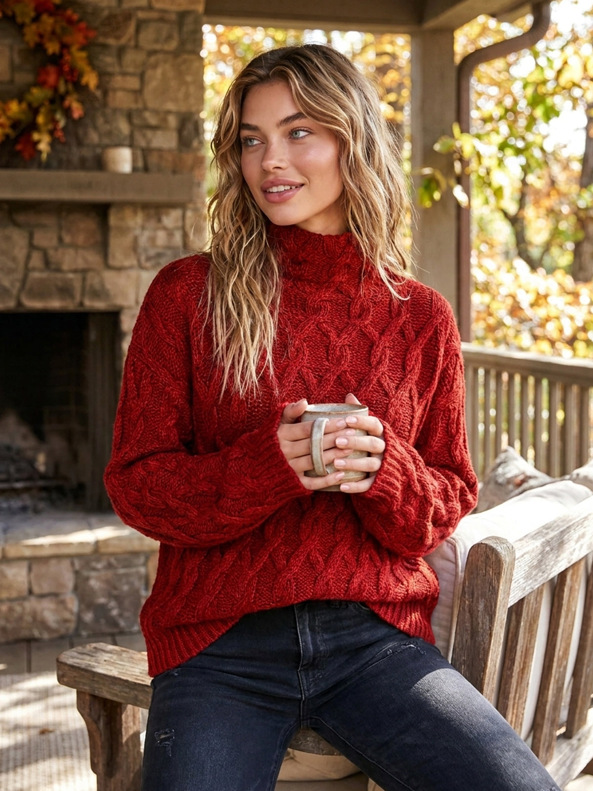 Chic Casual Red Mock-Neck Dropped-Shoulder Long-Sleeve Loose-Fit Wool Blend Cable-Knit Sweater