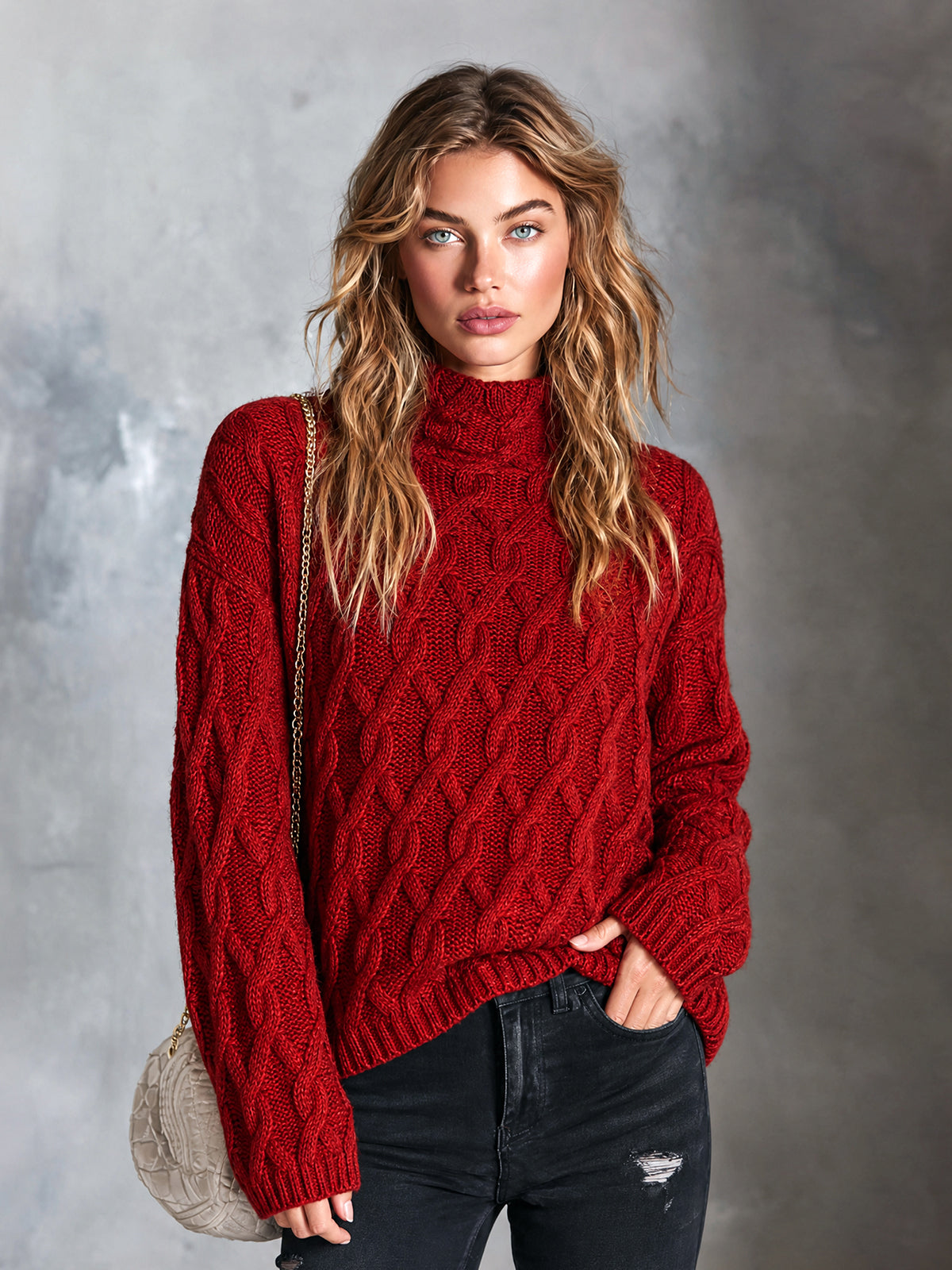 Chic Casual Red Mock-Neck Dropped-Shoulder Long-Sleeve Loose-Fit Wool Blend Cable-Knit Sweater