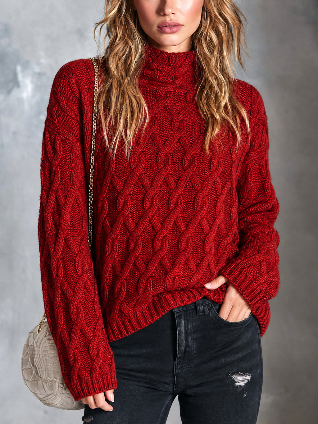 Chic Casual Red Mock-Neck Dropped-Shoulder Long-Sleeve Loose-Fit Wool Blend Cable-Knit Sweater