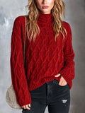 Chic Casual Red Mock-Neck Dropped-Shoulder Long-Sleeve Loose-Fit Wool Blend Cable-Knit Sweater