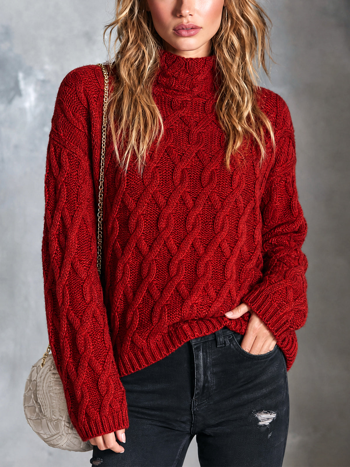 Chic Casual Red Mock-Neck Dropped-Shoulder Long-Sleeve Loose-Fit Wool Blend Cable-Knit Sweater