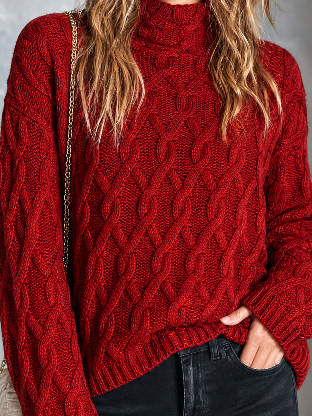 Chic Casual Red Mock-Neck Dropped-Shoulder Long-Sleeve Loose-Fit Wool Blend Cable-Knit Sweater