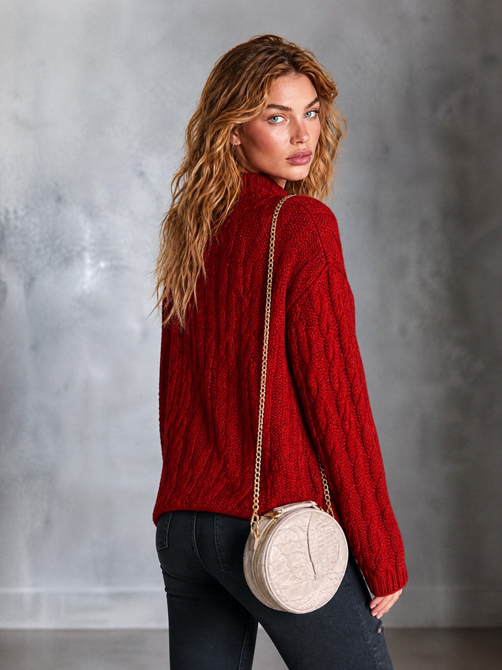 Chic Casual Red Mock-Neck Dropped-Shoulder Long-Sleeve Loose-Fit Wool Blend Cable-Knit Sweater