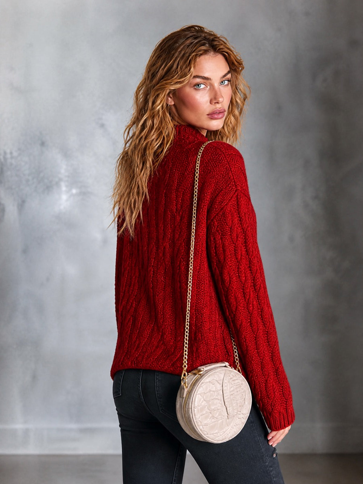 Chic Casual Red Mock-Neck Dropped-Shoulder Long-Sleeve Loose-Fit Wool Blend Cable-Knit Sweater