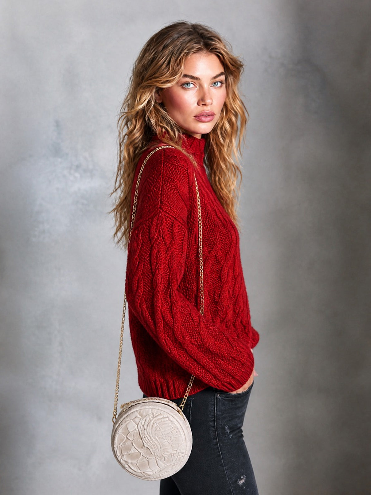 Chic Casual Red Mock-Neck Dropped-Shoulder Long-Sleeve Loose-Fit Wool Blend Cable-Knit Sweater