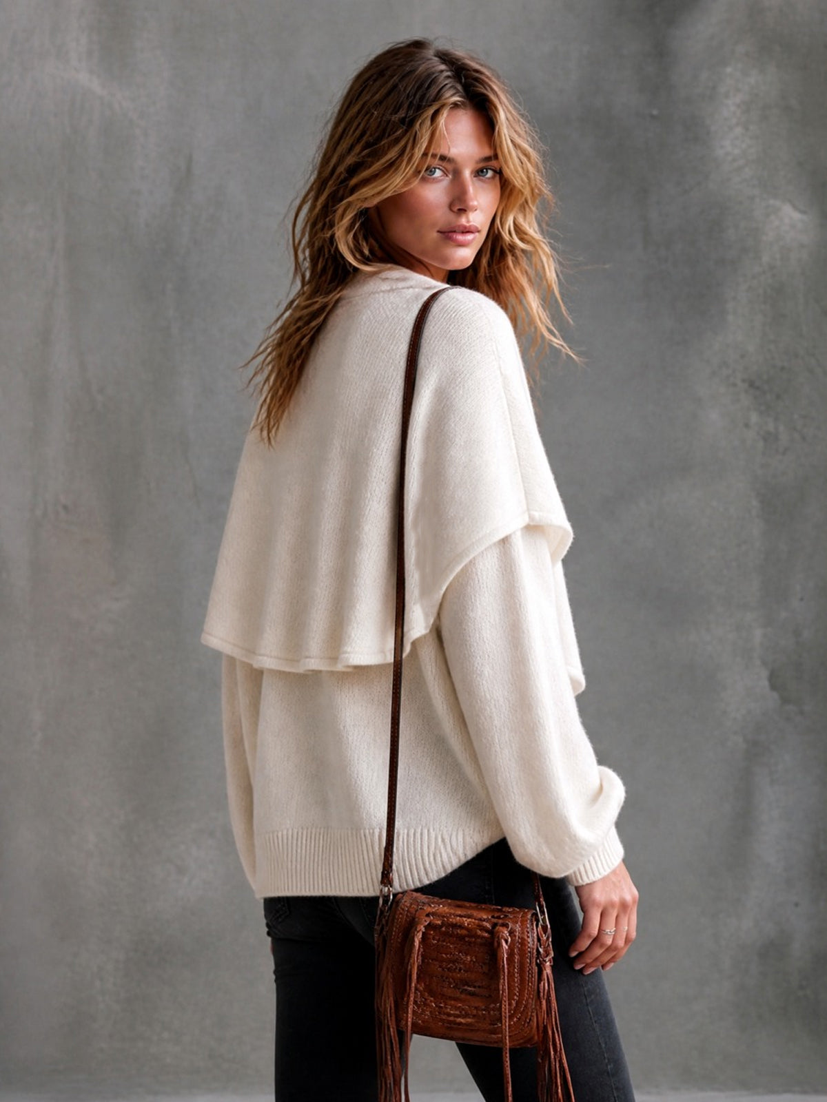 Chic Elegant Beige Large Lapel Round-Neck Long-Lantern-Sleeve Loose-Fit Wool Blend Knit Sweater