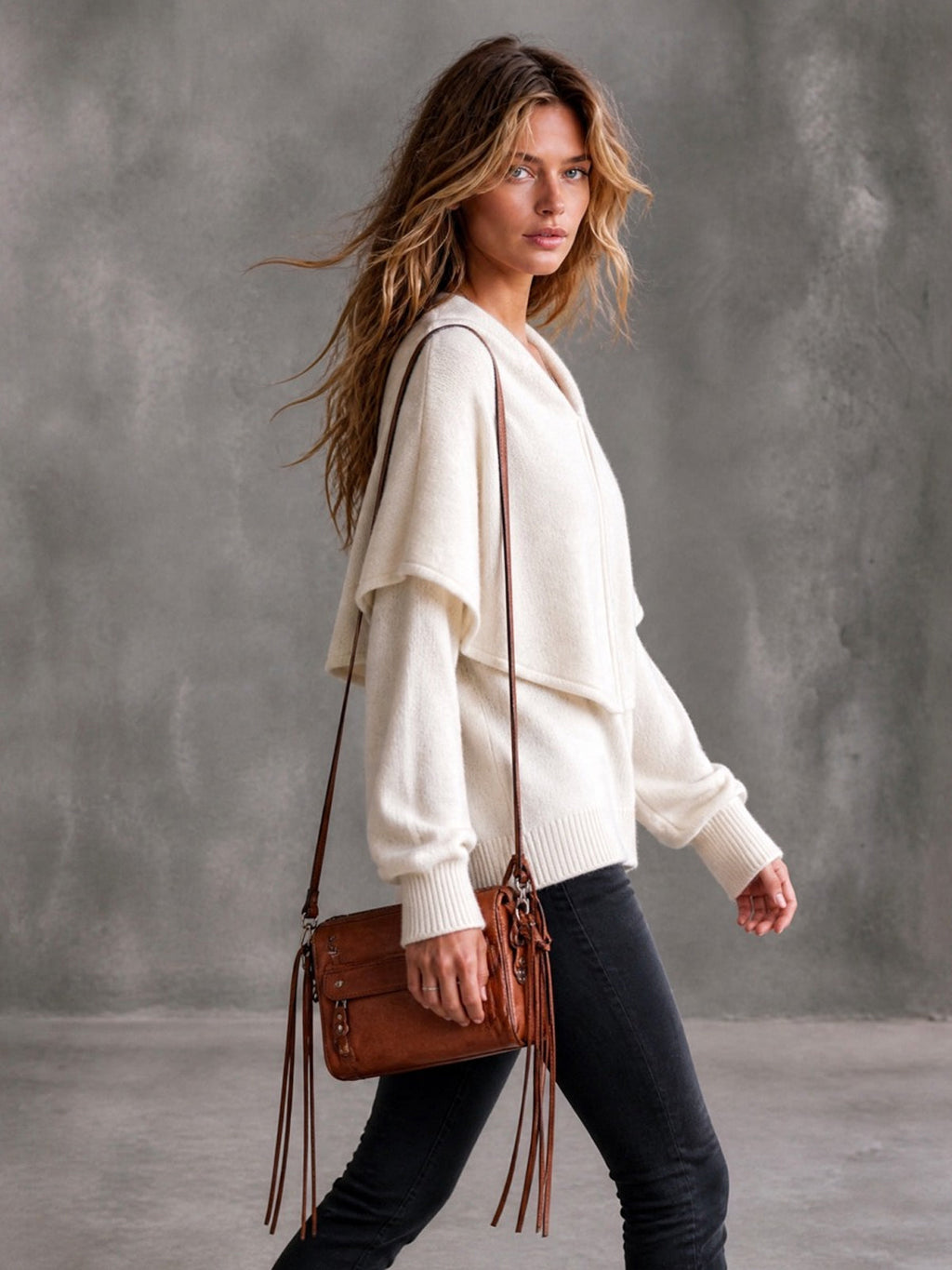 Chic Elegant Beige Large Lapel Round-Neck Long-Lantern-Sleeve Loose-Fit Wool Blend Knit Sweater