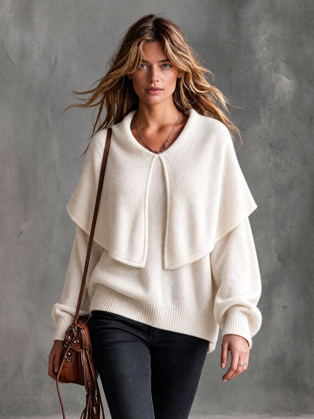 Chic Elegant Beige Large Lapel Round-Neck Long-Lantern-Sleeve Loose-Fit Wool Blend Knit Sweater