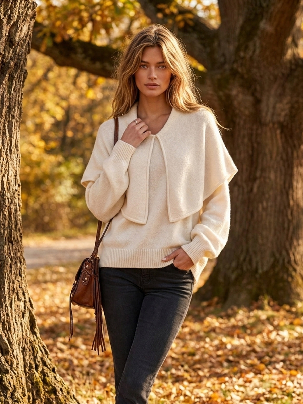 Chic Elegant Beige Large Lapel Round-Neck Long-Lantern-Sleeve Loose-Fit Wool Blend Knit Sweater