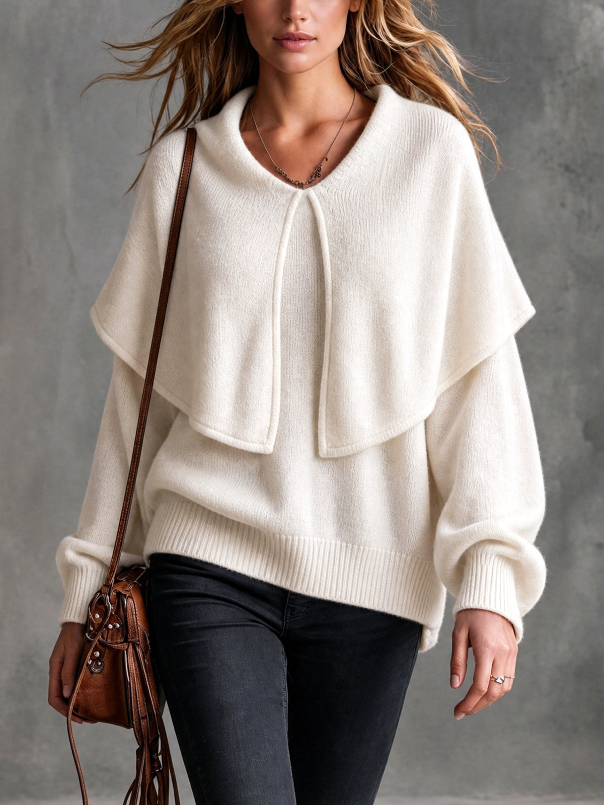 Chic Elegant Beige Large Lapel Round-Neck Long-Lantern-Sleeve Loose-Fit Wool Blend Knit Sweater