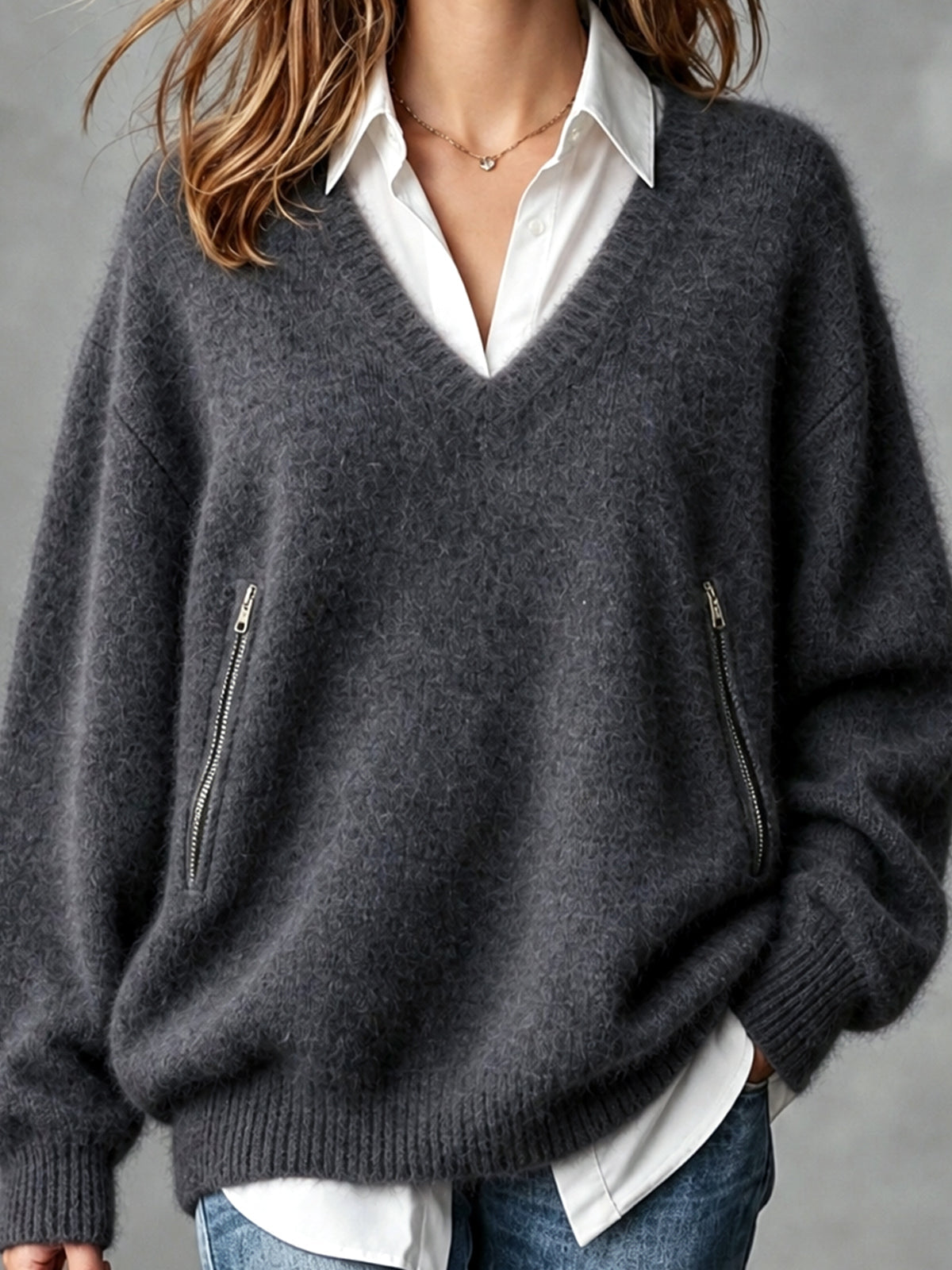 Chic Casual Gray V-Neck Dropped-Shoulder Long-Sleeve Zippered Pockets Loose-Fit Mohair Blend Knit Sweater