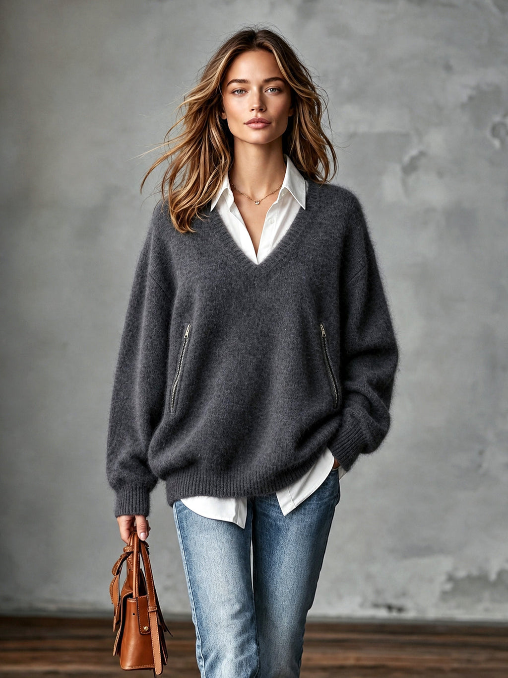Chic Casual Gray V-Neck Dropped-Shoulder Long-Sleeve Zippered Pockets Loose-Fit Mohair Blend Knit Sweater