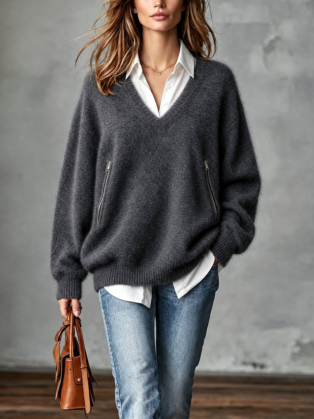 Chic Casual Gray V-Neck Dropped-Shoulder Long-Sleeve Zippered Pockets Loose-Fit Mohair Blend Knit Sweater