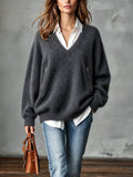 Chic Casual Gray V-Neck Dropped-Shoulder Long-Sleeve Zippered Pockets Loose-Fit Mohair Blend Knit Sweater