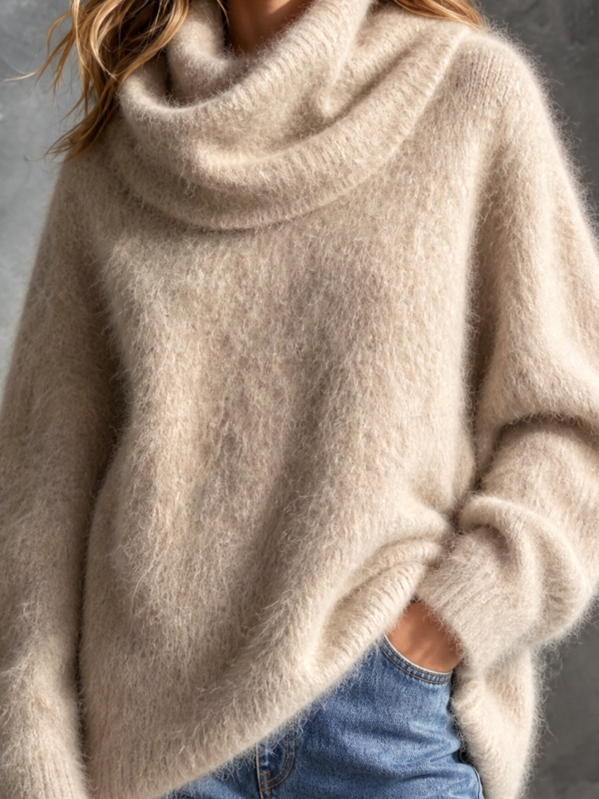 Chic Elegant Oatmeal Cowl-Neck Dropped-Shoulder Long-Sleeve Oversize Mohair Blend Soft Knit Sweater