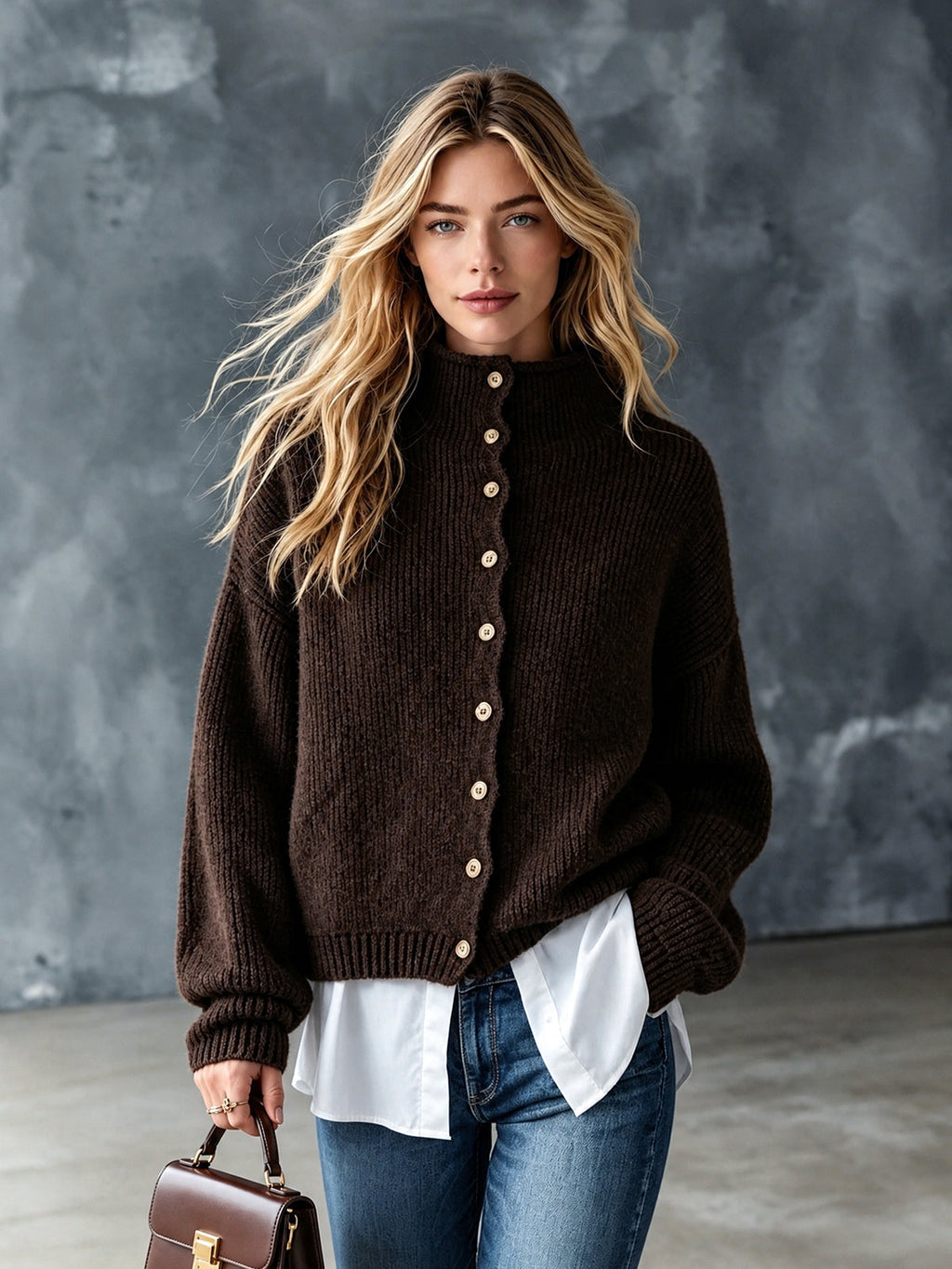 Chic Casual Coffee Round-Neck Single-Breasted Long-Sleeve White Cotton Patch Hem Wool Blend Knit Faux Two-Piece Cardigan