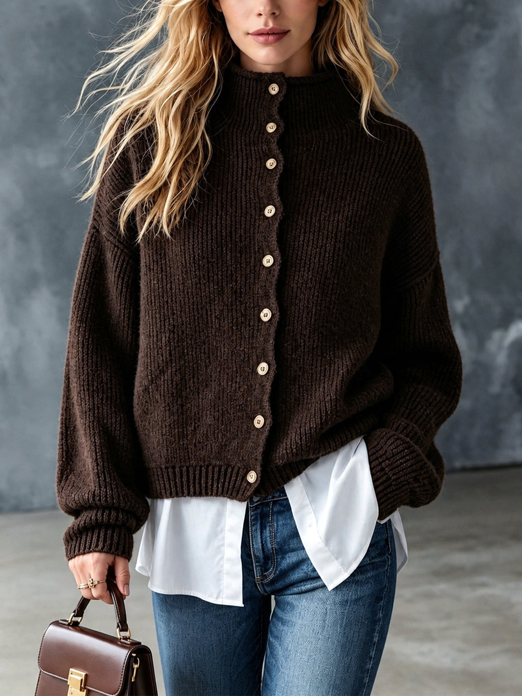 Chic Casual Coffee Round-Neck Single-Breasted Long-Sleeve White Cotton Patch Hem Wool Blend Knit Faux Two-Piece Cardigan