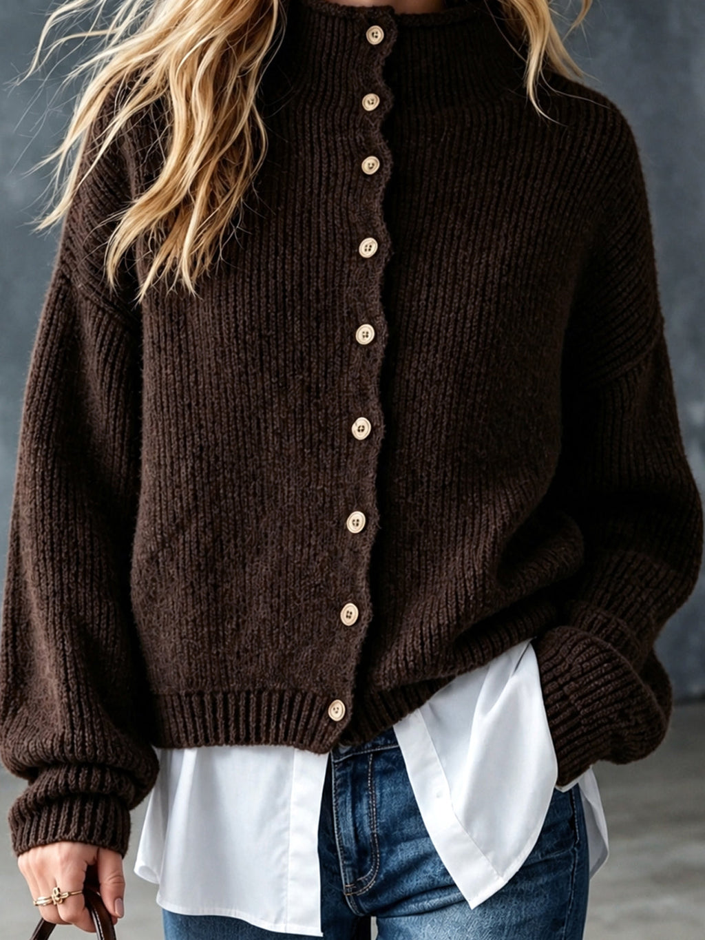 Chic Casual Coffee Round-Neck Single-Breasted Long-Sleeve White Cotton Patch Hem Wool Blend Knit Faux Two-Piece Cardigan