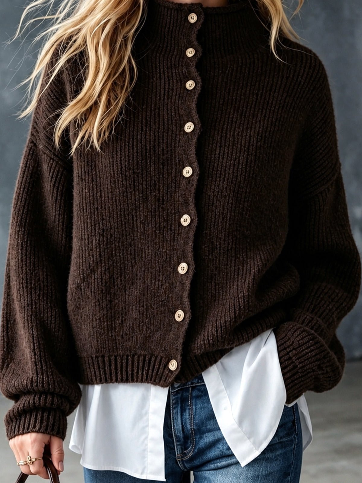 Chic Casual Coffee Round-Neck Single-Breasted Long-Sleeve White Cotton Patch Hem Wool Blend Knit Faux Two-Piece Cardigan