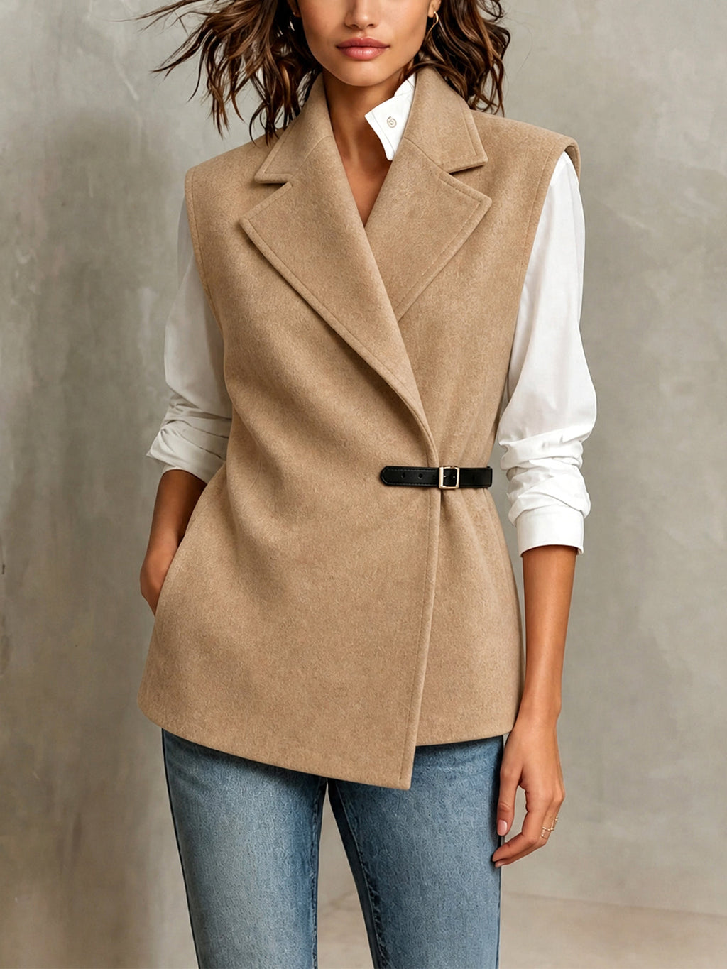 Chic Elegant Camel Wool Blend Notched Lapel Sleeveless PU Belted Slim-Fit Vest