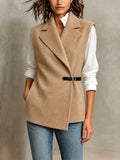 Chic Elegant Camel Wool Blend Notched Lapel Sleeveless PU Belted Slim-Fit Vest