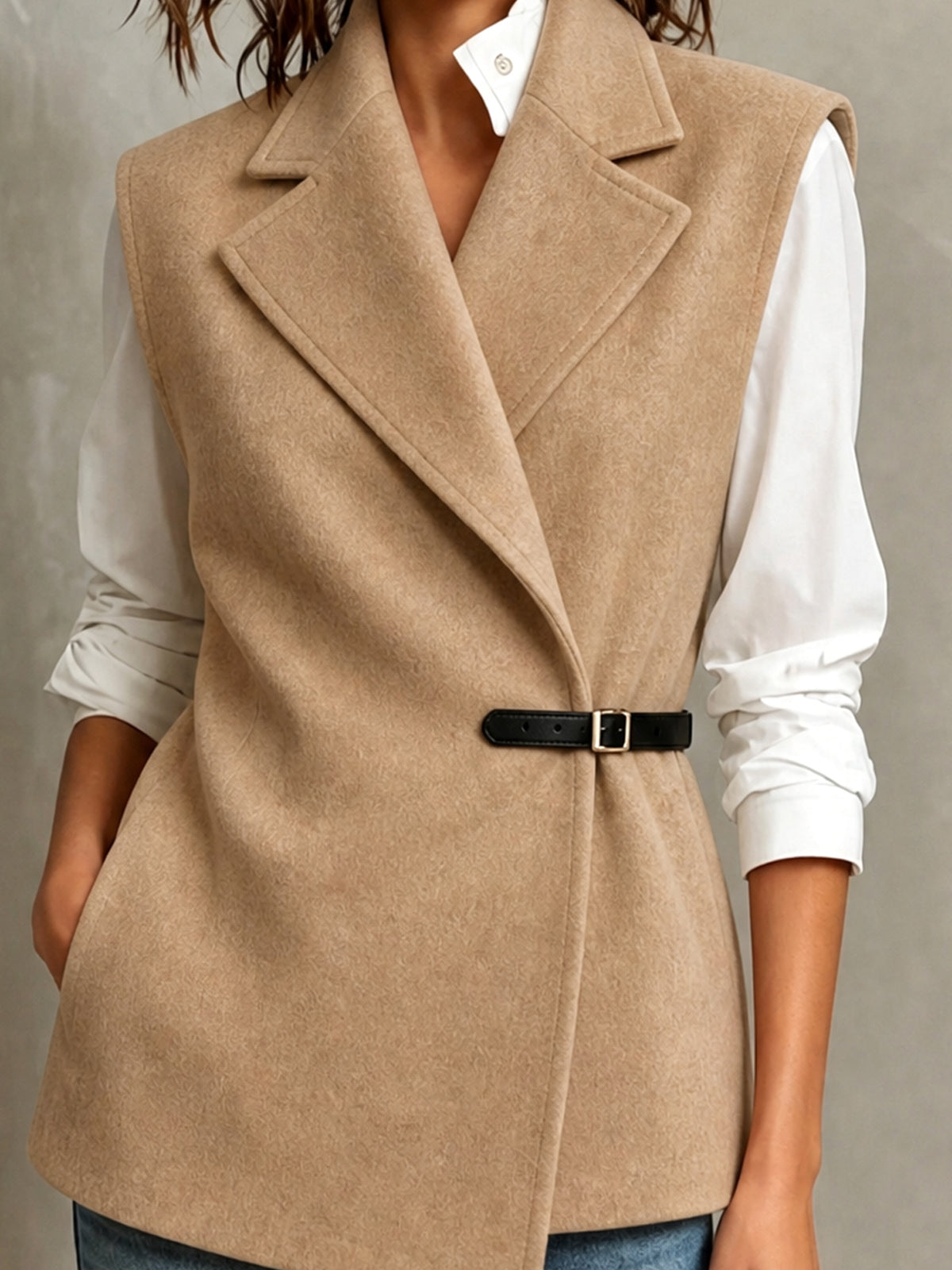 Chic Elegant Camel Wool Blend Notched Lapel Sleeveless PU Belted Slim-Fit Vest