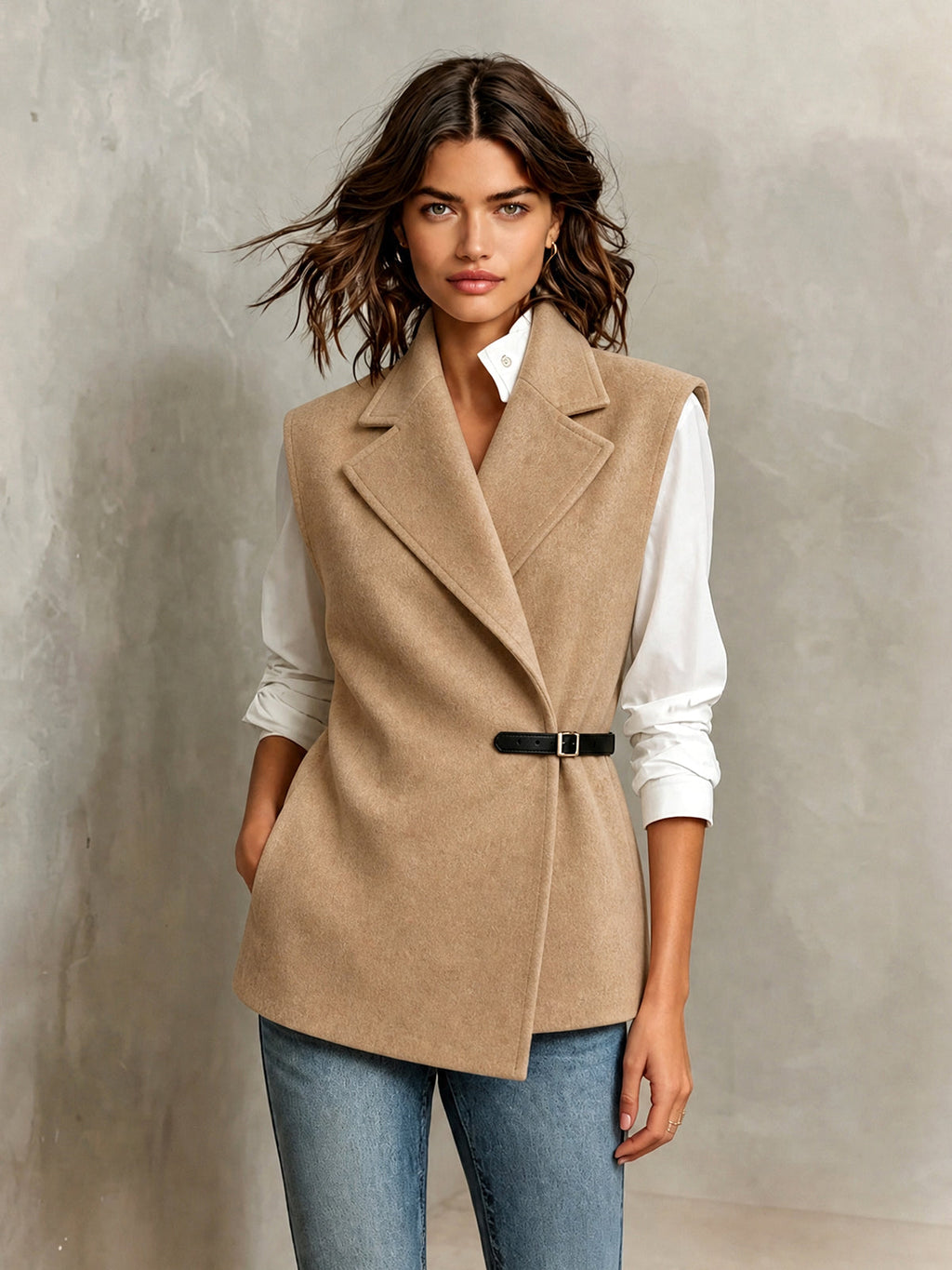 Chic Elegant Camel Wool Blend Notched Lapel Sleeveless PU Belted Slim-Fit Vest
