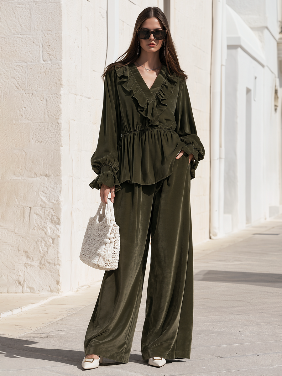 Olive Green Satin Ruffle V Neck Peplum Blouse And Flowing Wide Leg Pants Two Piece Set