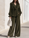 Olive Green Satin Ruffle V Neck Peplum Blouse And Flowing Wide Leg Pants Two Piece Set