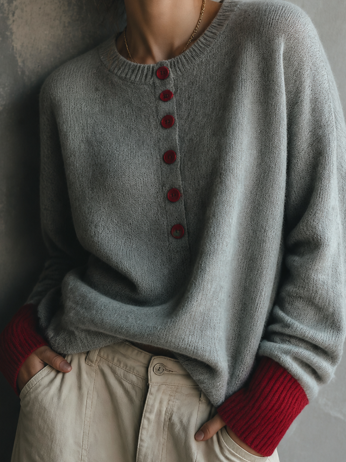 Chic Casual Heather Grey Round-Neck Contrast Button Long Sleeve Loose-Fit Wool Blend Knit Sweater
