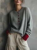 Chic Casual Heather Grey Round-Neck Contrast Button Long Sleeve Loose-Fit Wool Blend Knit Sweater