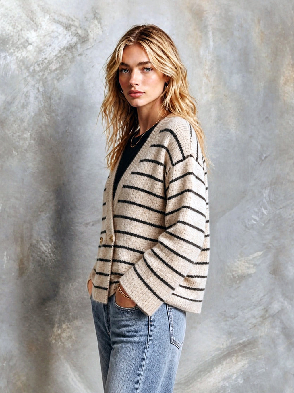 Chic Elegant Oatmeal-Black Stripes V-Neck Long-Flare-Sleeve Double-Breasted Loose-Fit Wool Blend Knit Cardigan