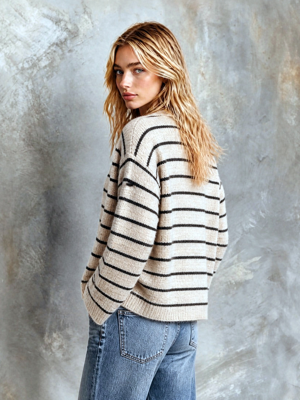 Chic Elegant Oatmeal-Black Stripes V-Neck Long-Flare-Sleeve Double-Breasted Loose-Fit Wool Blend Knit Cardigan
