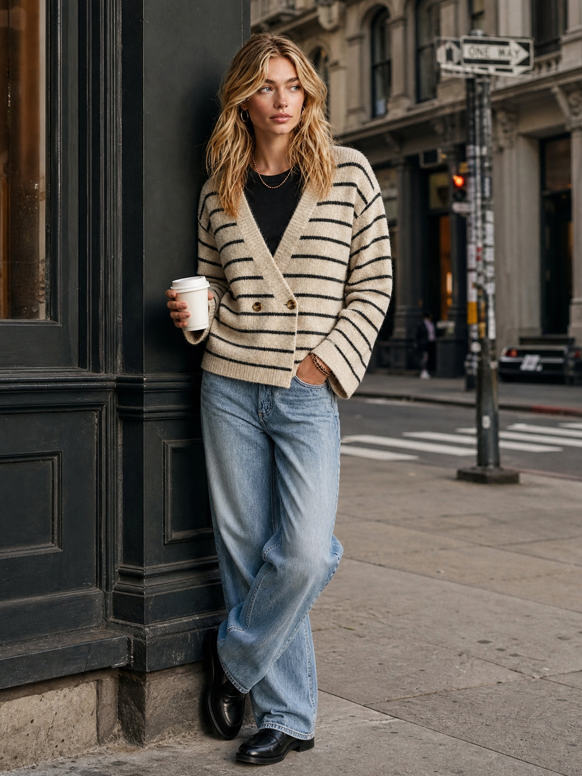 Chic Elegant Oatmeal-Black Stripes V-Neck Long-Flare-Sleeve Double-Breasted Loose-Fit Wool Blend Knit Cardigan