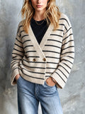 Chic Elegant Oatmeal-Black Stripes V-Neck Long-Flare-Sleeve Double-Breasted Loose-Fit Wool Blend Knit Cardigan